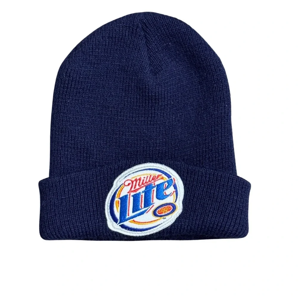 Miller Lite Beer Logo Beanie Navy Blue Cuffed Knit‎ Winter Hat Watch Cap Patch